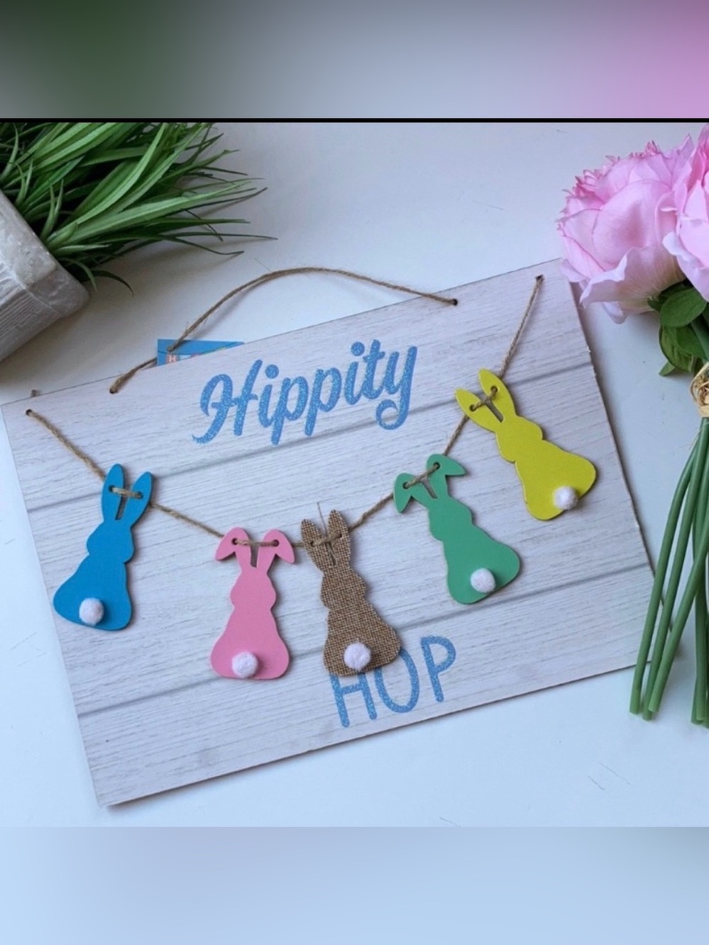 Hippity Hop Easter spring front door sign NEW art peep bunny rabbits
